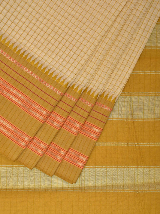 White and Green Bamboo Cotton Viscose Silk Saree with Checks Design No Blouse bc0373