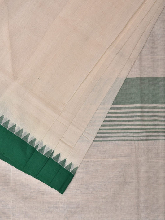 White and Green Khadi Cotton Handloom Plain Saree with Temple Border Design kh0633