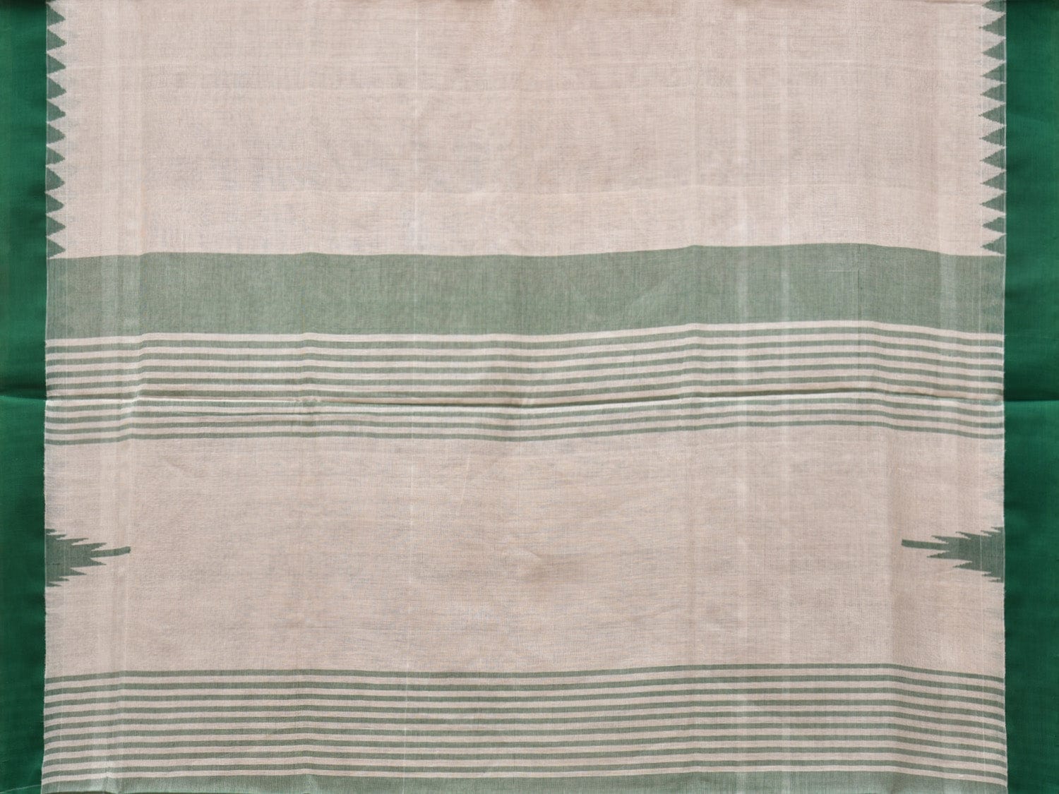White and Green Khadi Cotton Handloom Plain Saree with Temple Border Design kh0633