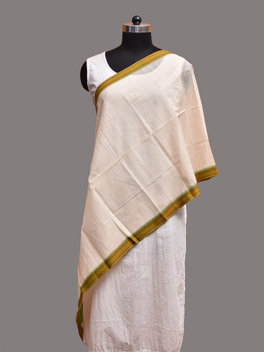White and Green Khadi Cotton Handloom Stole with Small Temple Border ds3743