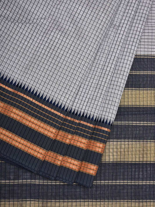 White and Grey Bamboo Cotton Silk Saree with Checks Design bc0055