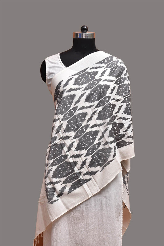 White and Grey Ikat Cotton Handloom Stole with Grill Design ds3745