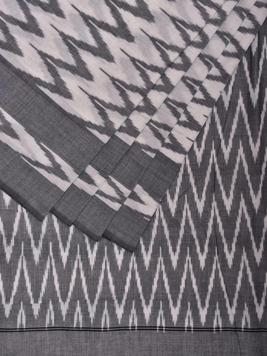 White and Grey Pochampally Ikat Cotton Handloom Saree with All Over Zig-Zag Design No Blouse i0905