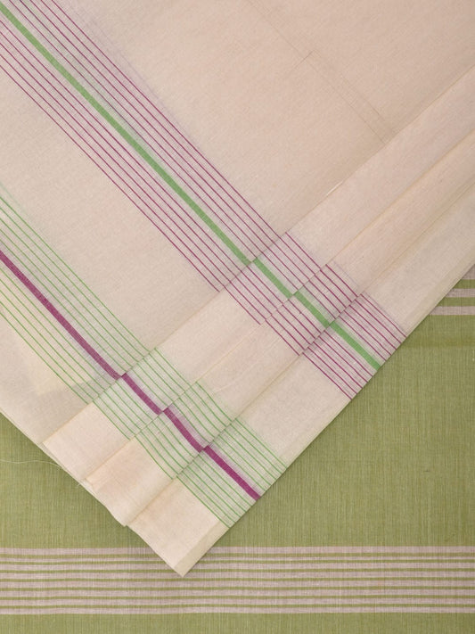 White and Light Green Venkatagiri Cotton Handloom Saree with Strips Border Design v0076