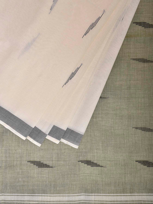 White and Light Green Venkatagiri Cotton Saree with Pallu Buta Design v0122