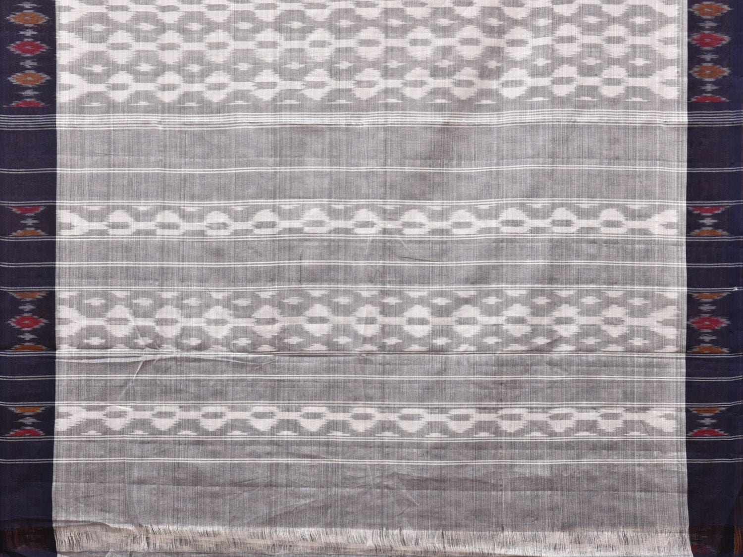 White and Light Grey Pochampally Ikat Cotton Handloom Saree with Border Design No Blouse i0824