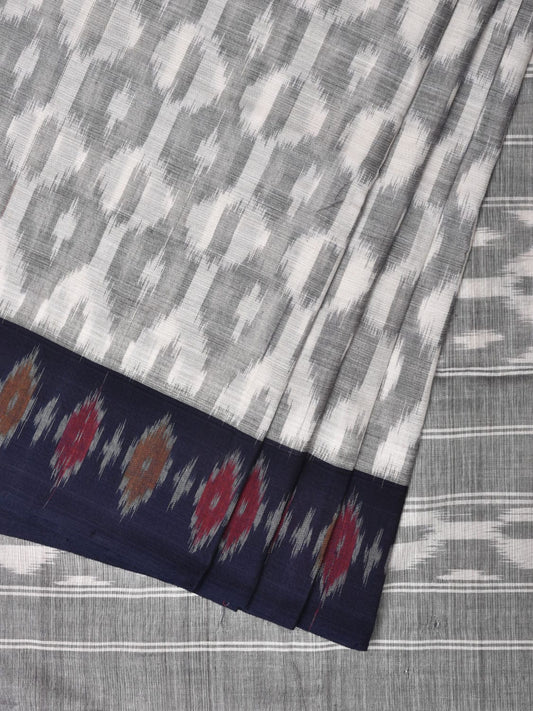 White and Light Grey Pochampally Ikat Cotton Handloom Saree with Border Design No Blouse i0824