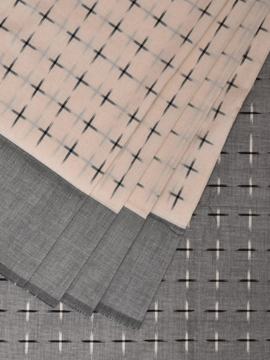 White and Light Grey Pochampally Ikat Cotton Handloom Saree with Plus Buta Design No Blouse i0838