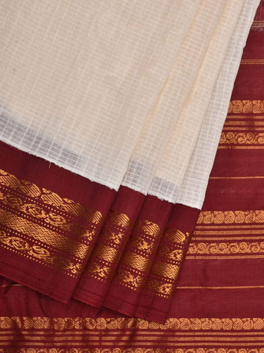 White and Maroon Gadwal Cotton Handloom Saree with Border Design No Blouse g0274