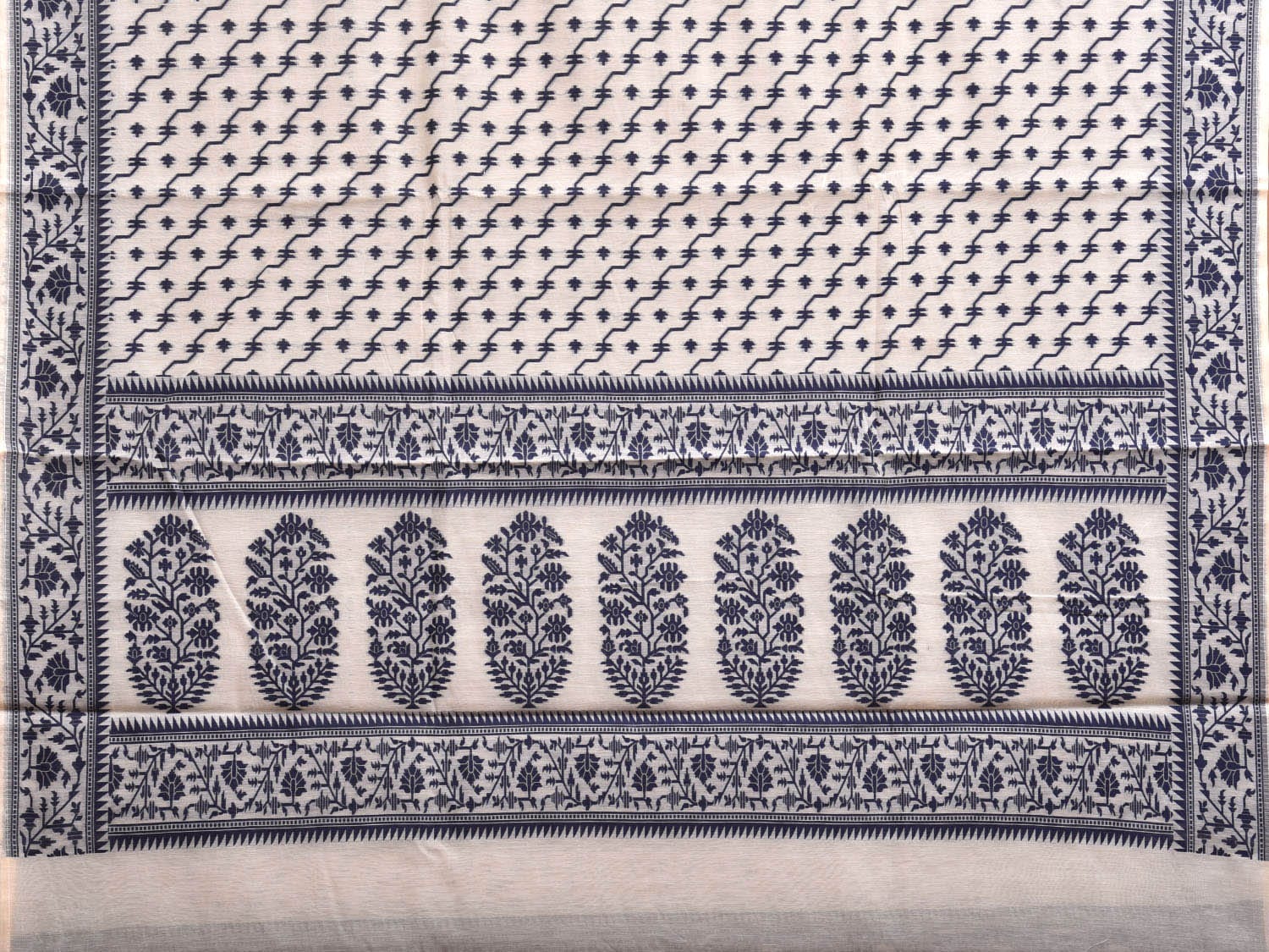 White and Navy Dhakai Jamdani Cotton Viscose Saree with Diagonal and Floral Pallu Design dj0085