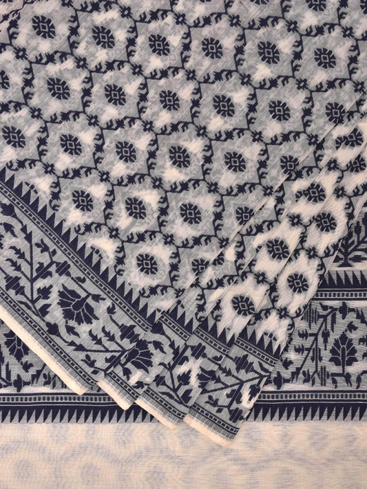 White and Navy Dhakai Jamdani Cotton Viscose Saree with Grill and Floral Pallu Design dj0080