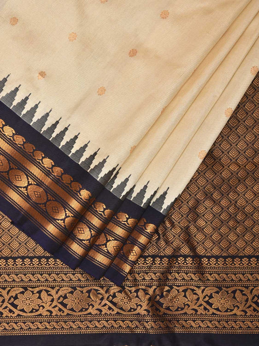 White and Navy Gadwal Silk Handloom Saree with Flower Pallu Design g0335