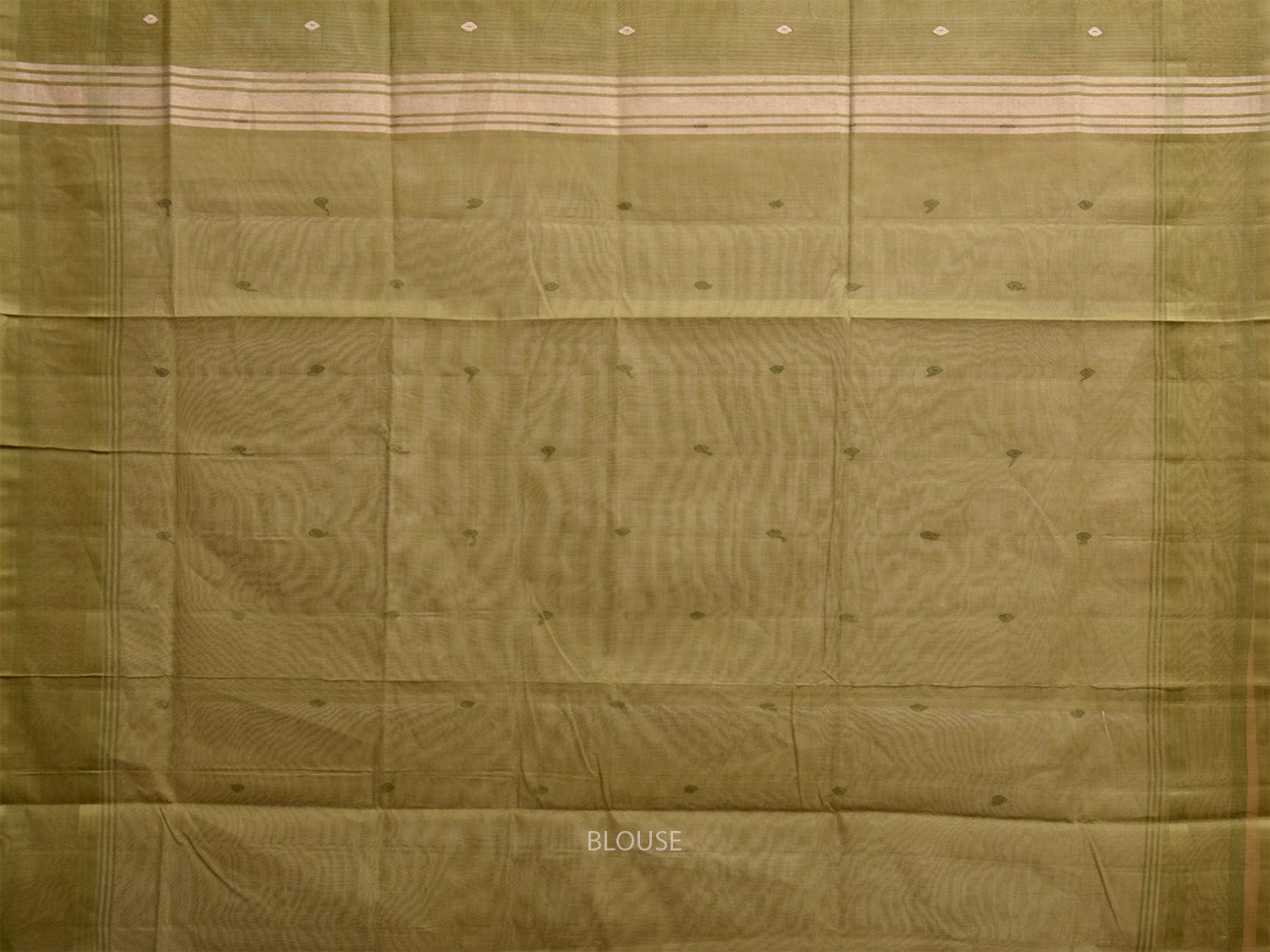 White and Olive Venkatagiri Cotton Saree with Strips and Buta Design v0128