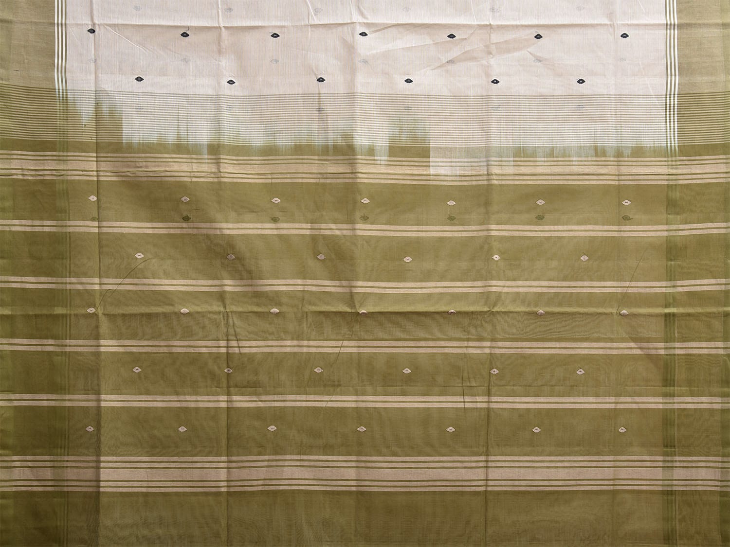 White and Olive Venkatagiri Cotton Saree with Strips and Buta Design v0128