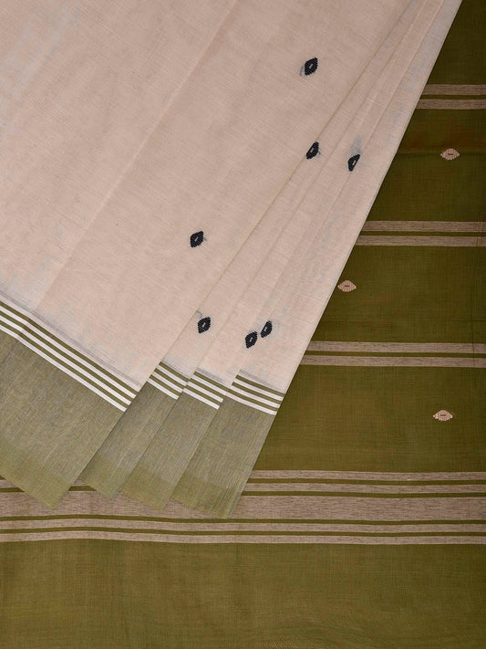 White and Olive Venkatagiri Cotton Saree with Strips and Buta Design v0128