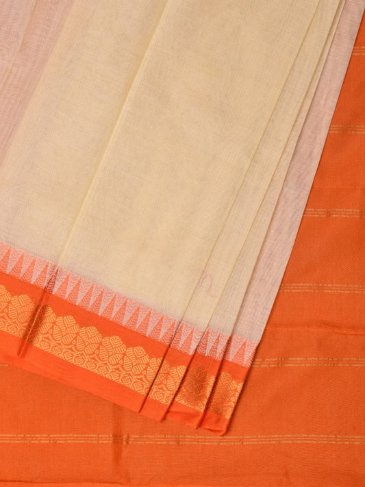 White and Orange Gadwal Cotton Plain Saree with Small Border Design No Blouse g0342