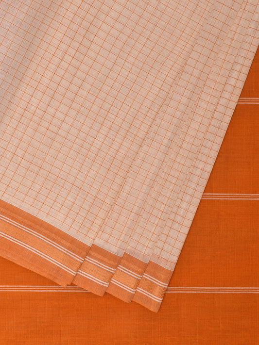 White and Orange Kanchipuram Cotton Handloom Saree with Checks Design k0563