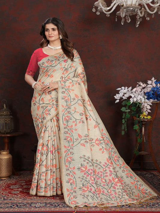 White and Peach Dhakai Jamdani Cotton Viscose Saree with Floral Border and Pallu Design dj0126