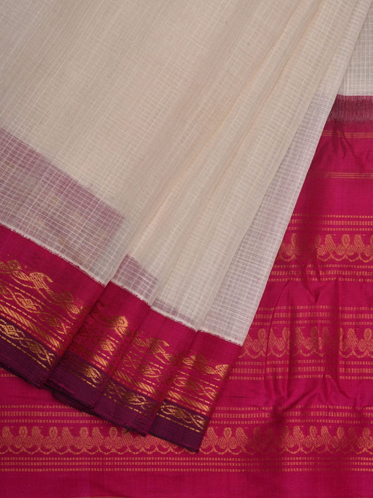 White and Pink Gadwal Cotton Handloom Saree with Checks Design No Blouse g0321