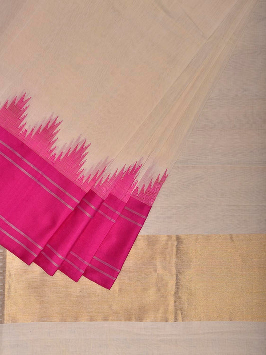 White and Pink Khadi Cotton Handloom Plain Saree with Big Temple Border Design kh0703
