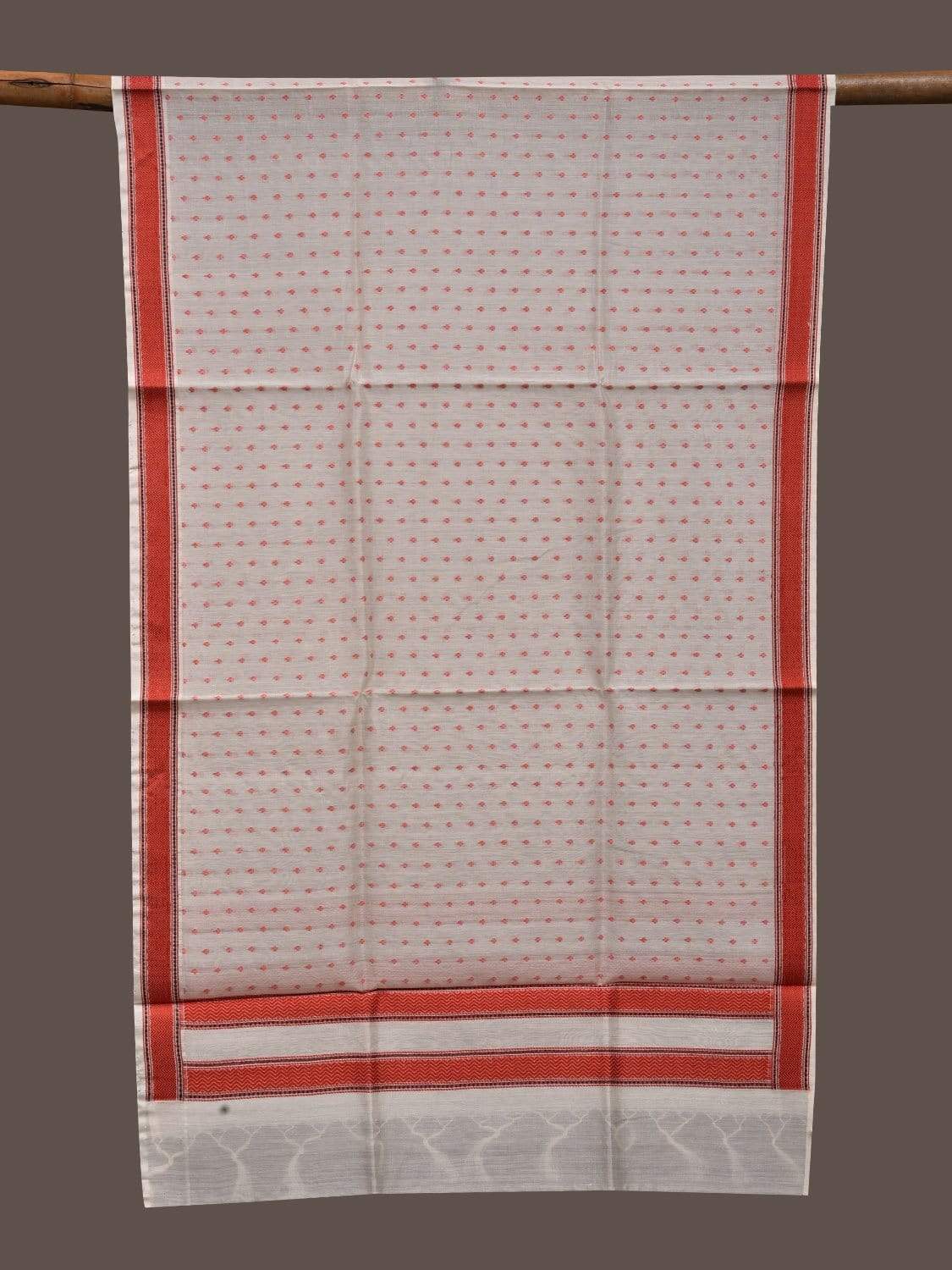 White and Red Banaras Cotton Silk Handloom Stole with Thread Border Design ds2370