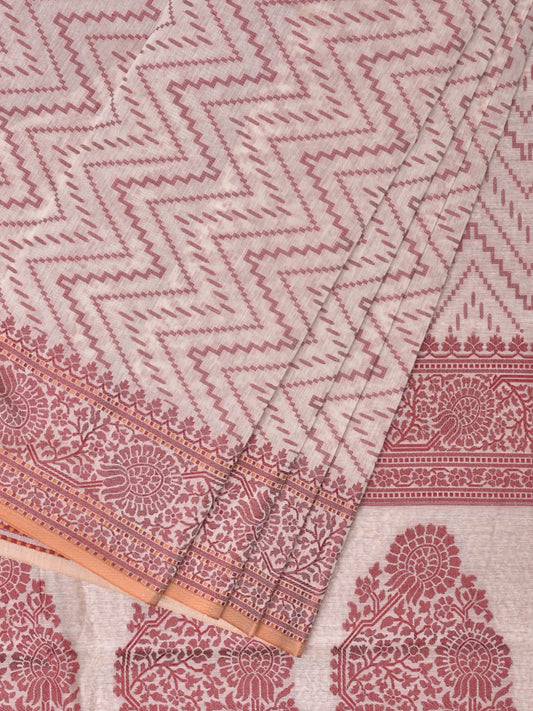 White and Red Cut Work Sico Cotton Saree with Zig-Zag and Border Design o0414
