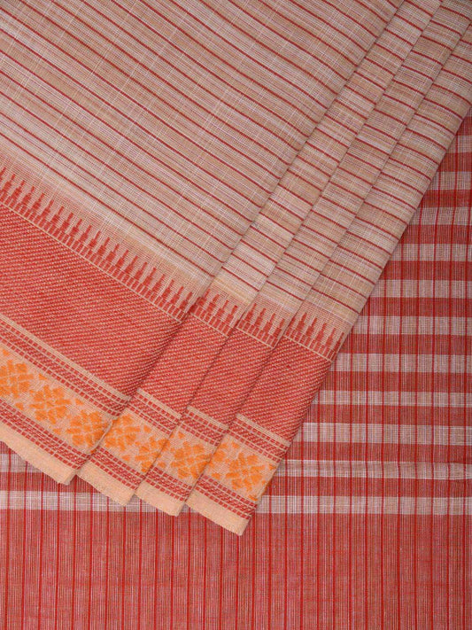 White and Red Kanchipuram Cotton Handloom Saree with Strips and Border Design k0585