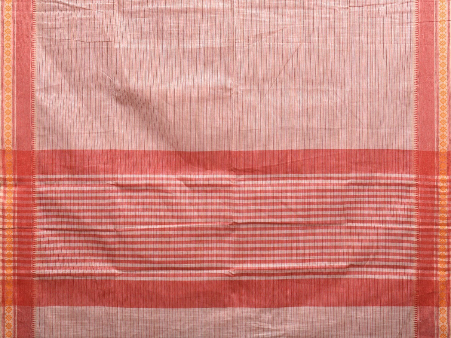 White and Red Kanchipuram Cotton Handloom Saree with Strips and Border Design k0585