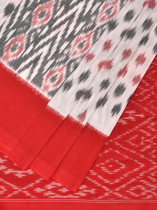 White and Red Pochampally Ikat Cotton Handloom Saree with All Over Design i0792