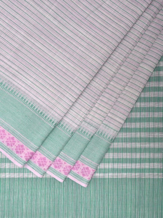 White and Turquoise Kanchipuram Cotton Handloom Saree with Strips and Border Design k0583