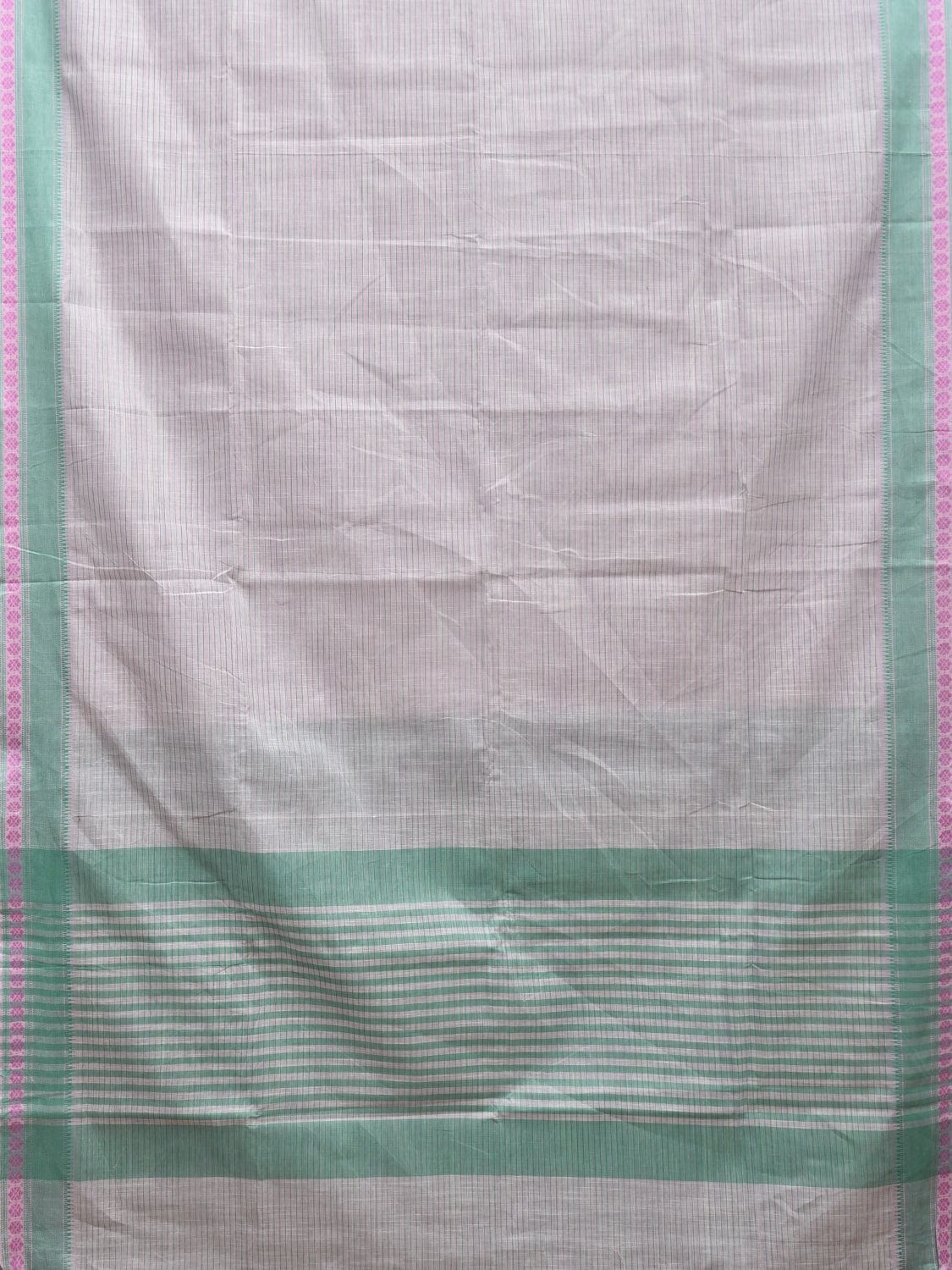 White and Turquoise Kanchipuram Cotton Handloom Saree with Strips and Border Design k0583