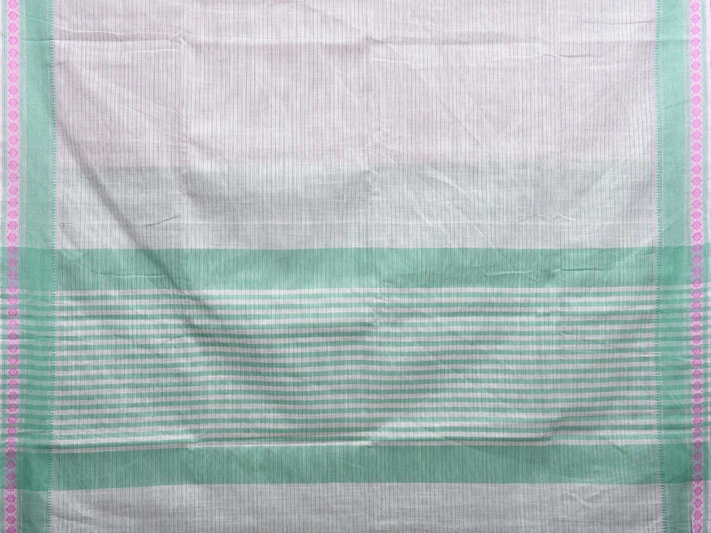 White and Turquoise Kanchipuram Cotton Handloom Saree with Strips and Border Design k0583