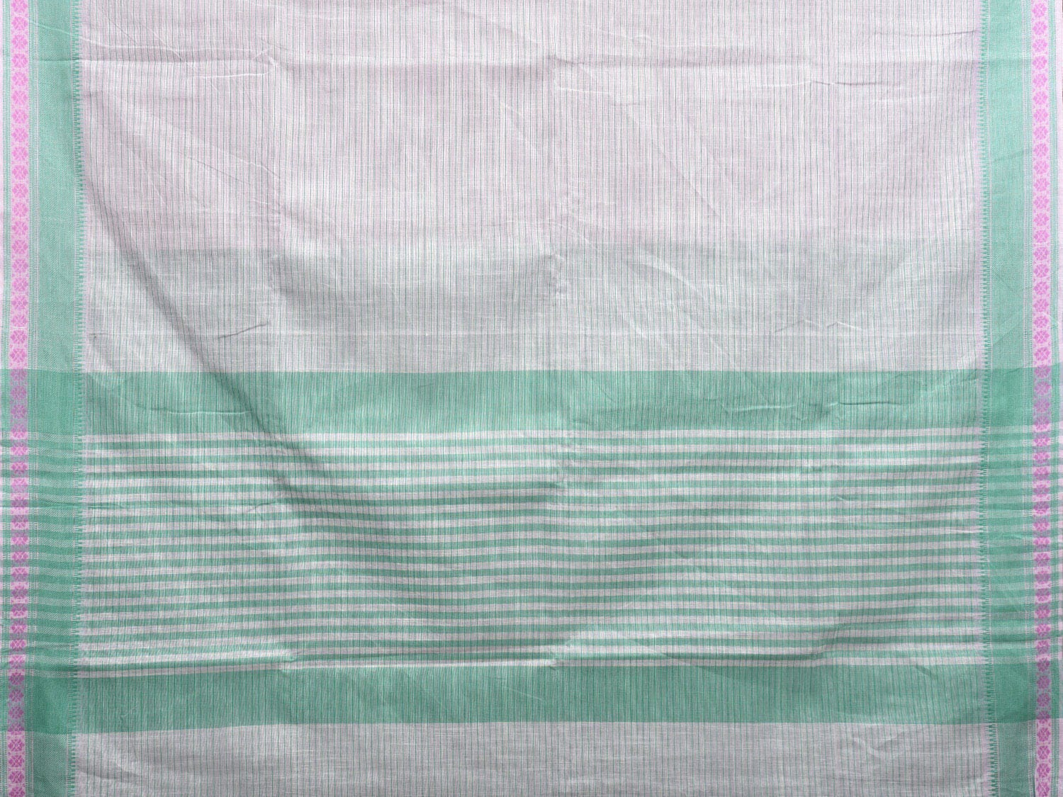 White and Turquoise Kanchipuram Cotton Handloom Saree with Strips and Border Design k0583