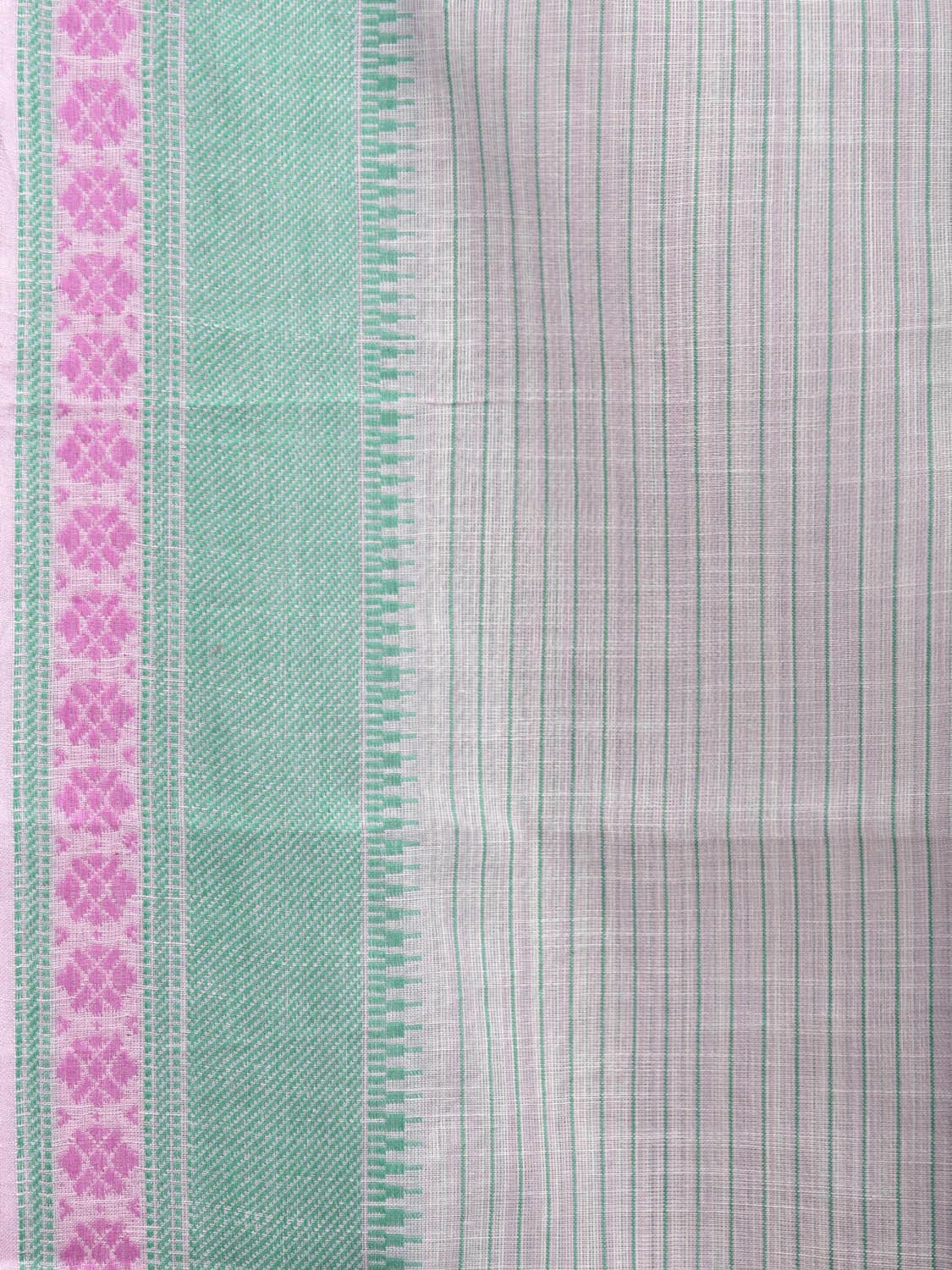 White and Turquoise Kanchipuram Cotton Handloom Saree with Strips and Border Design k0583