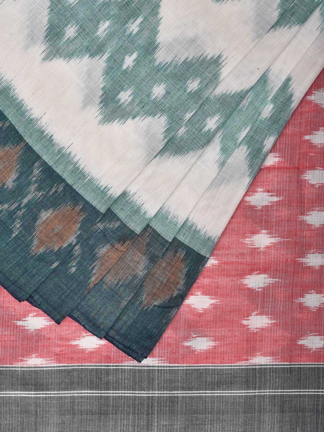 White and Turquoise Pochampally Ikat Cotton Handloom Saree with Zig-Zag Design No Blouse i0833