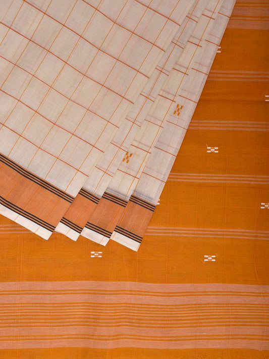 White and Yellow Venkatagiri Cotton Saree with Big Checks Design v0130
