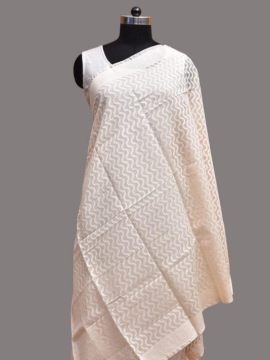 White Banaras Cut Work Cotton Silk Dupatta with Waves Design ds3732