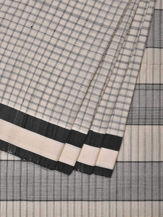 White Cotton Handloom Saree with Checks Design o0294
