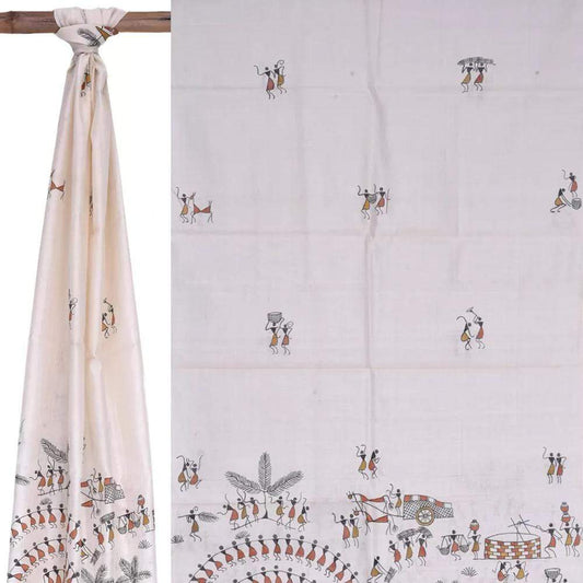 White Cotton Handloom Stole with Tribal Design ds1562