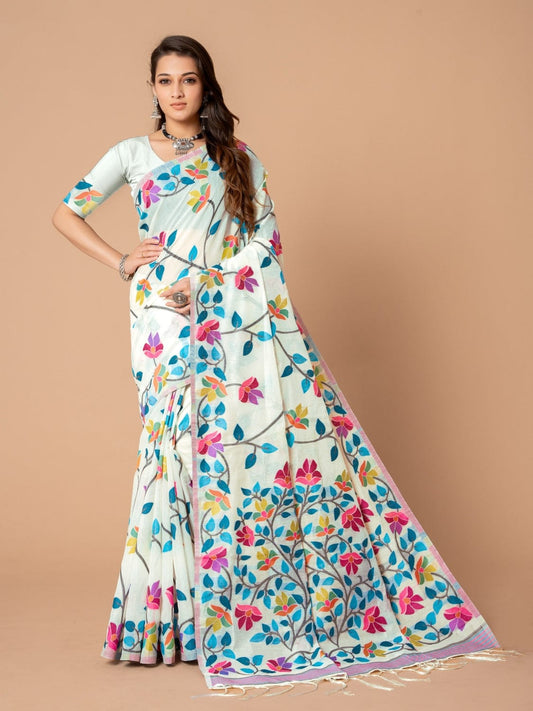 White Dhakai Jamdani Cotton Viscose Saree with Floral Border and Pallu Design dj0105