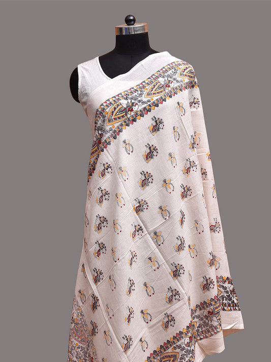 White Digital Print Cotton Dupatta with Madhubani Design ds3735