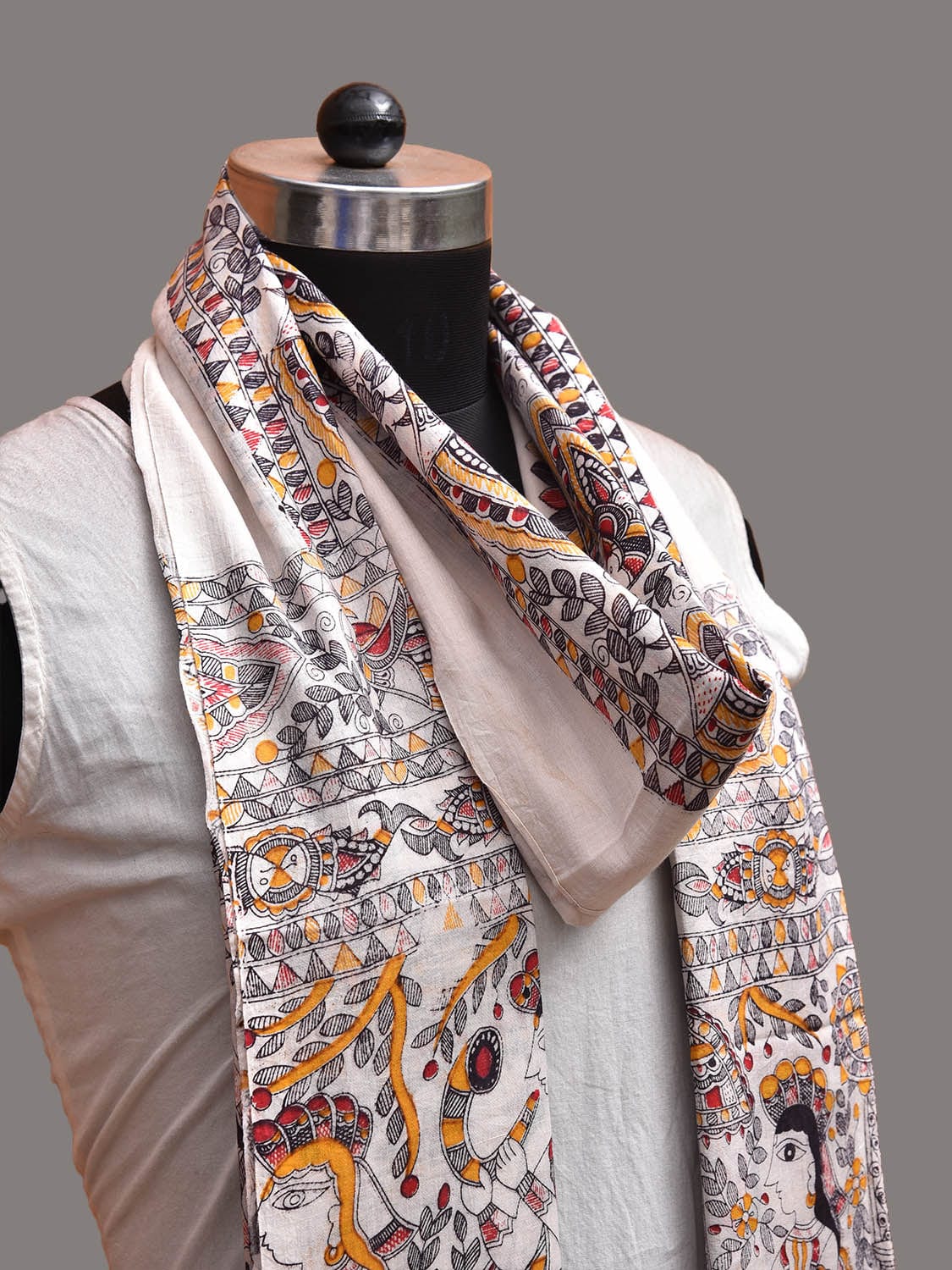 White Digital Print Cotton Dupatta with Madhubani Design ds3735