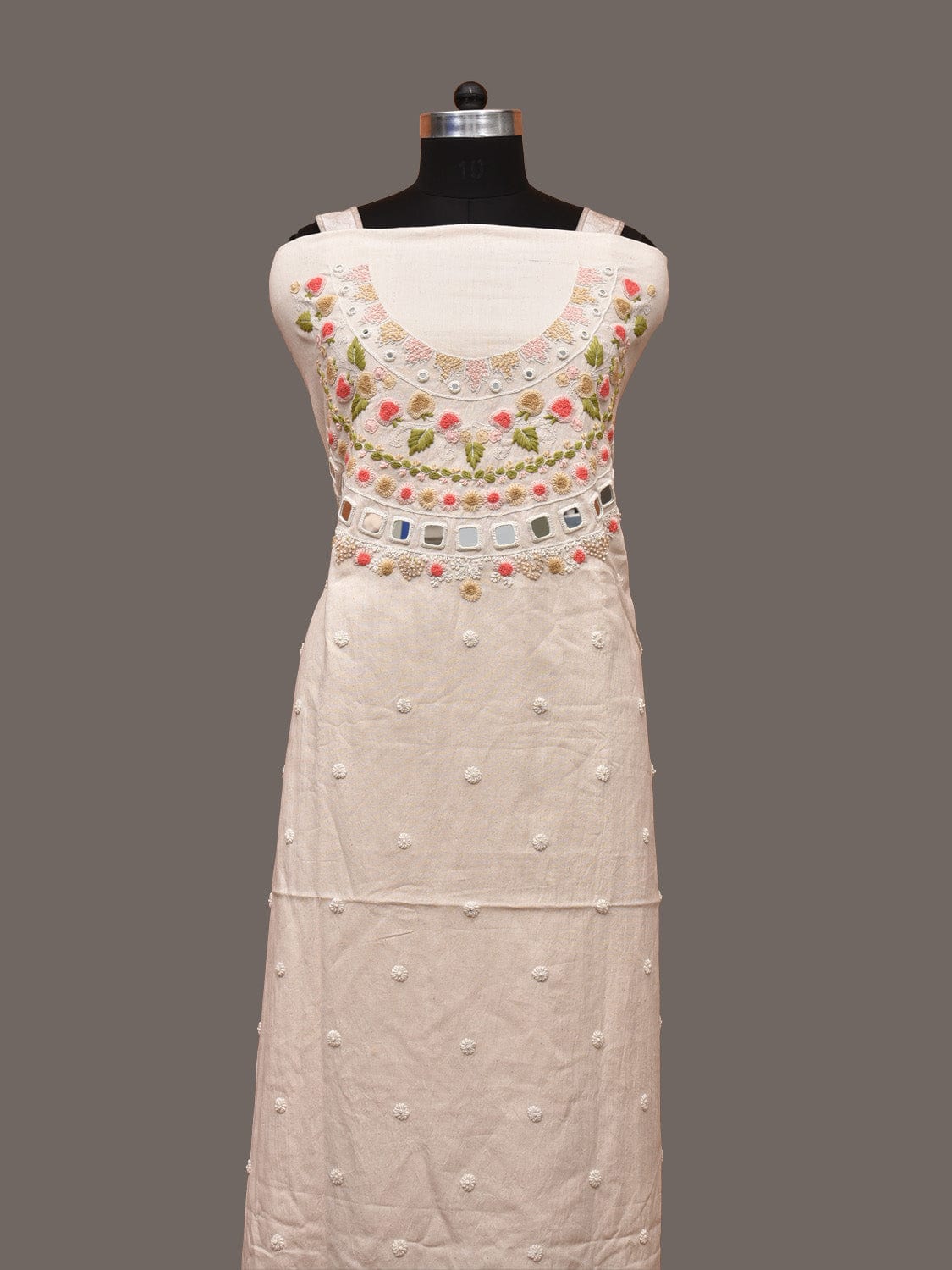 White Hand Embroidary Cotton Kurta with Floral and Mirror Work Design f0221