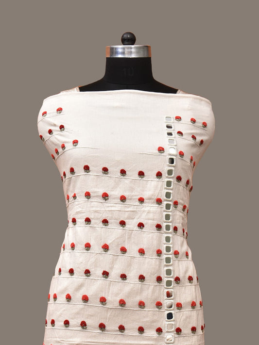White Hand Embroidary Cotton Kurta with Floral and Mirror Work Design f0228