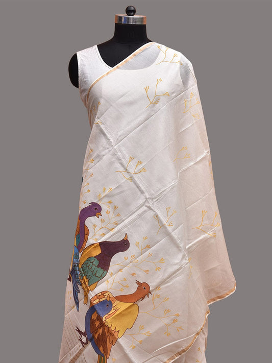 White Hand Painted Cotton Silk Dupatta with Birds Design ds3734
