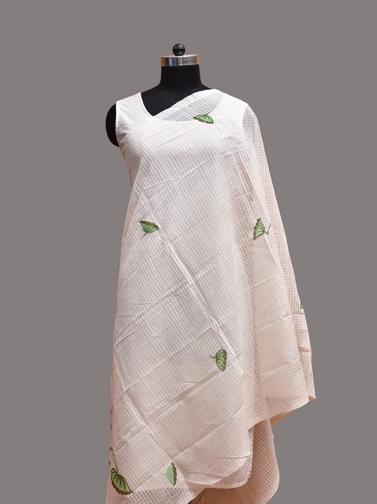 White Hand Painted Kota Cotton Dupatta with Lotus Flowers Design ds3736