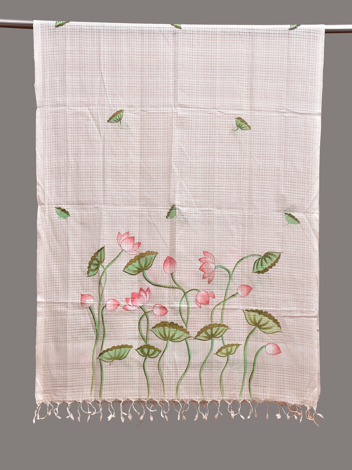 White Hand Painted Kota Cotton Dupatta with Lotus Flowers Design ds3736