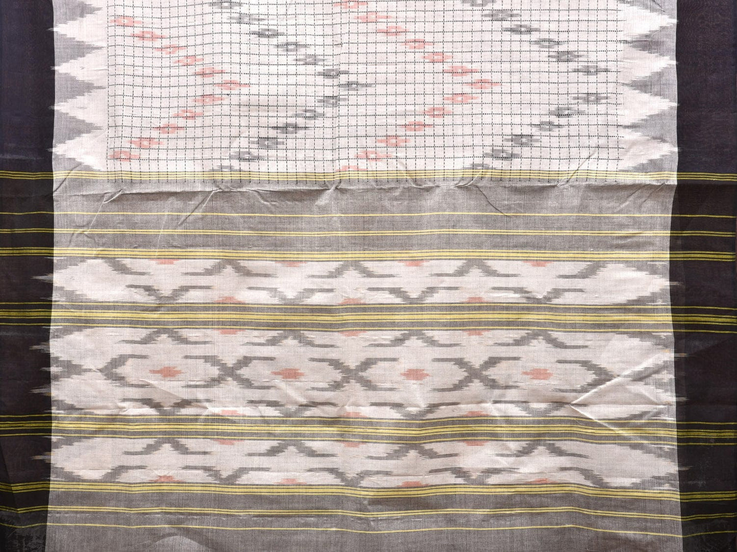 White Ikat Cotton Handloom Saree with Checks and Temple Border Design i0860