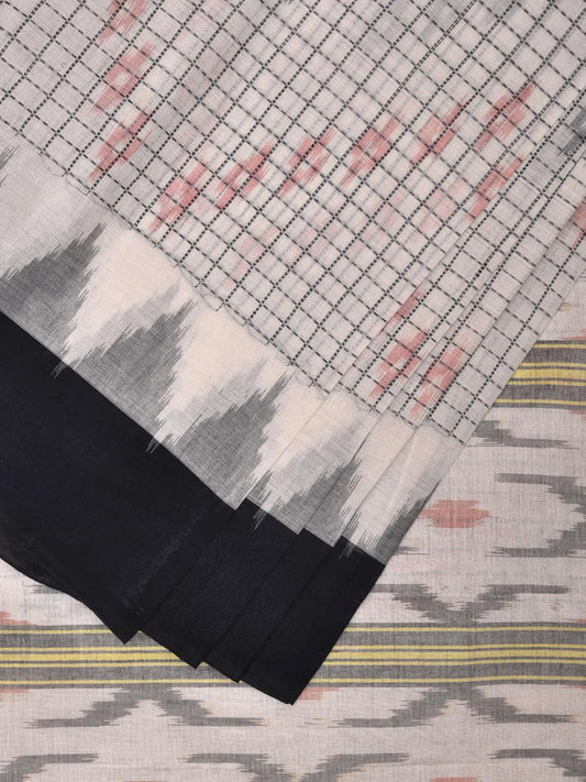 White Ikat Cotton Handloom Saree with Checks and Temple Border Design i0860