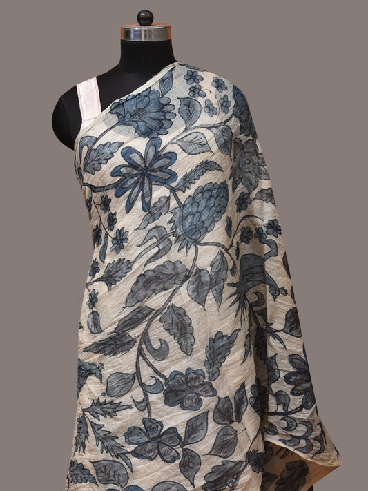 White Kalamkari Hand Painted Tussar Handloom Dupatta with Birds and Floral Design ds3447